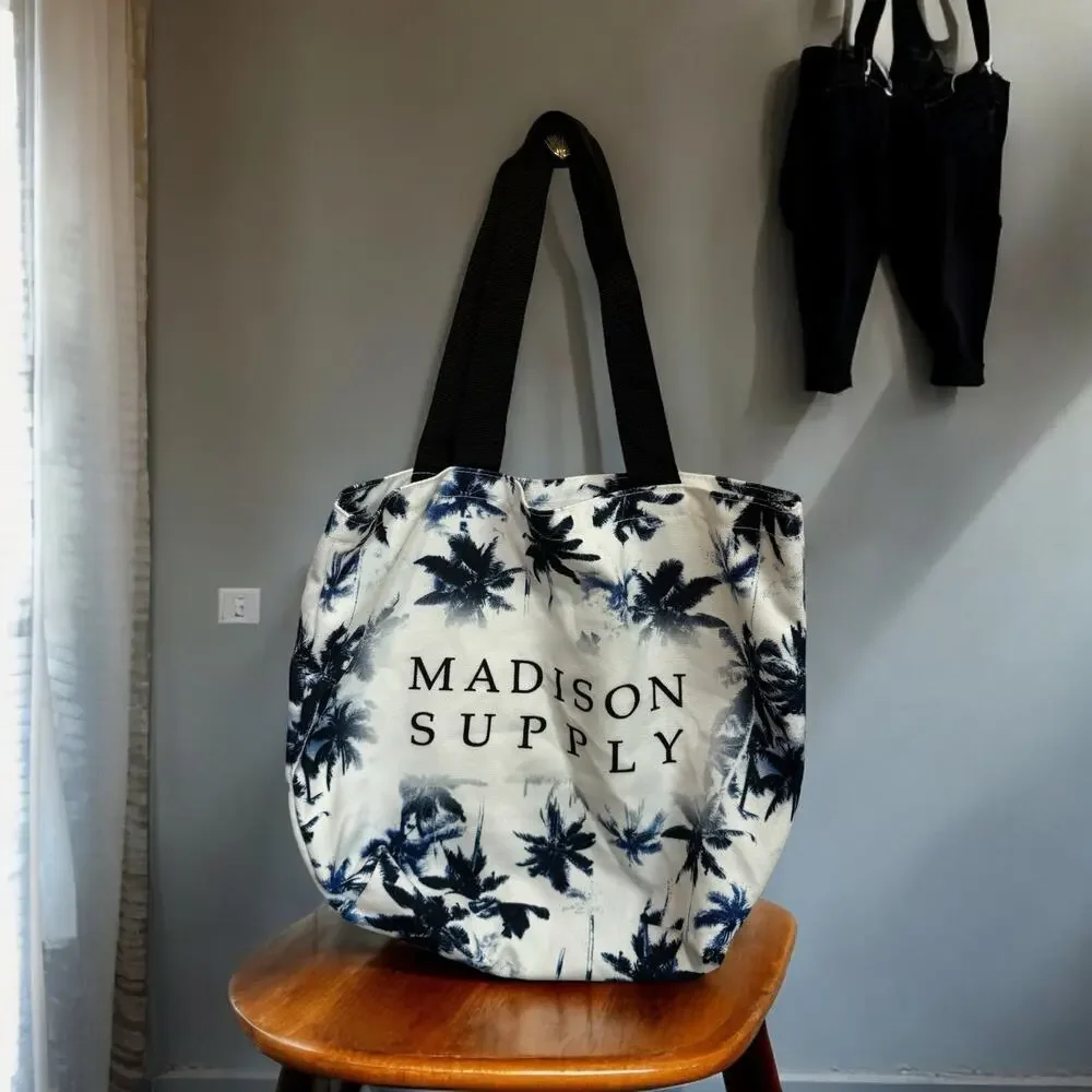MADISON SUPPLY Canvas Tote Grocery Beach Tote Blue White NWT